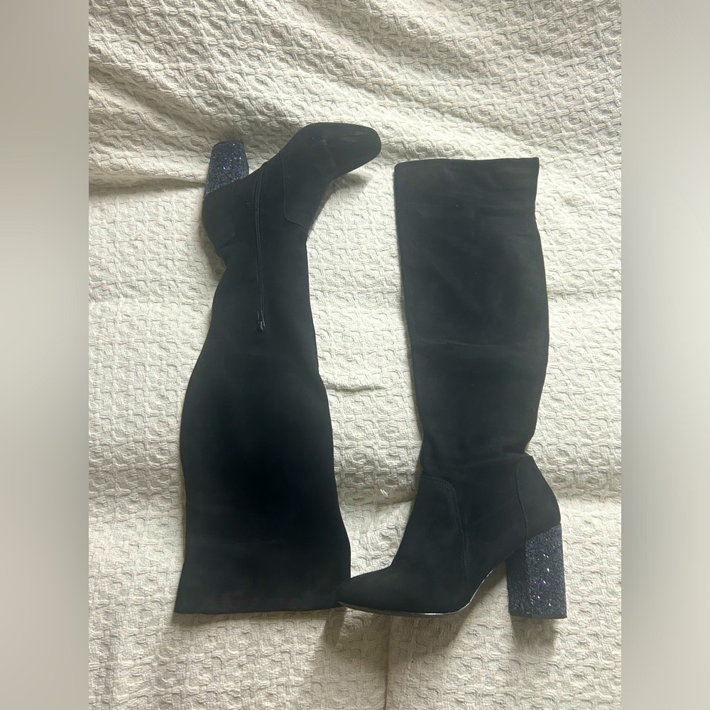 Over-the-knee Black Faux Suede Boots W/ Surprise Sparkle Heel